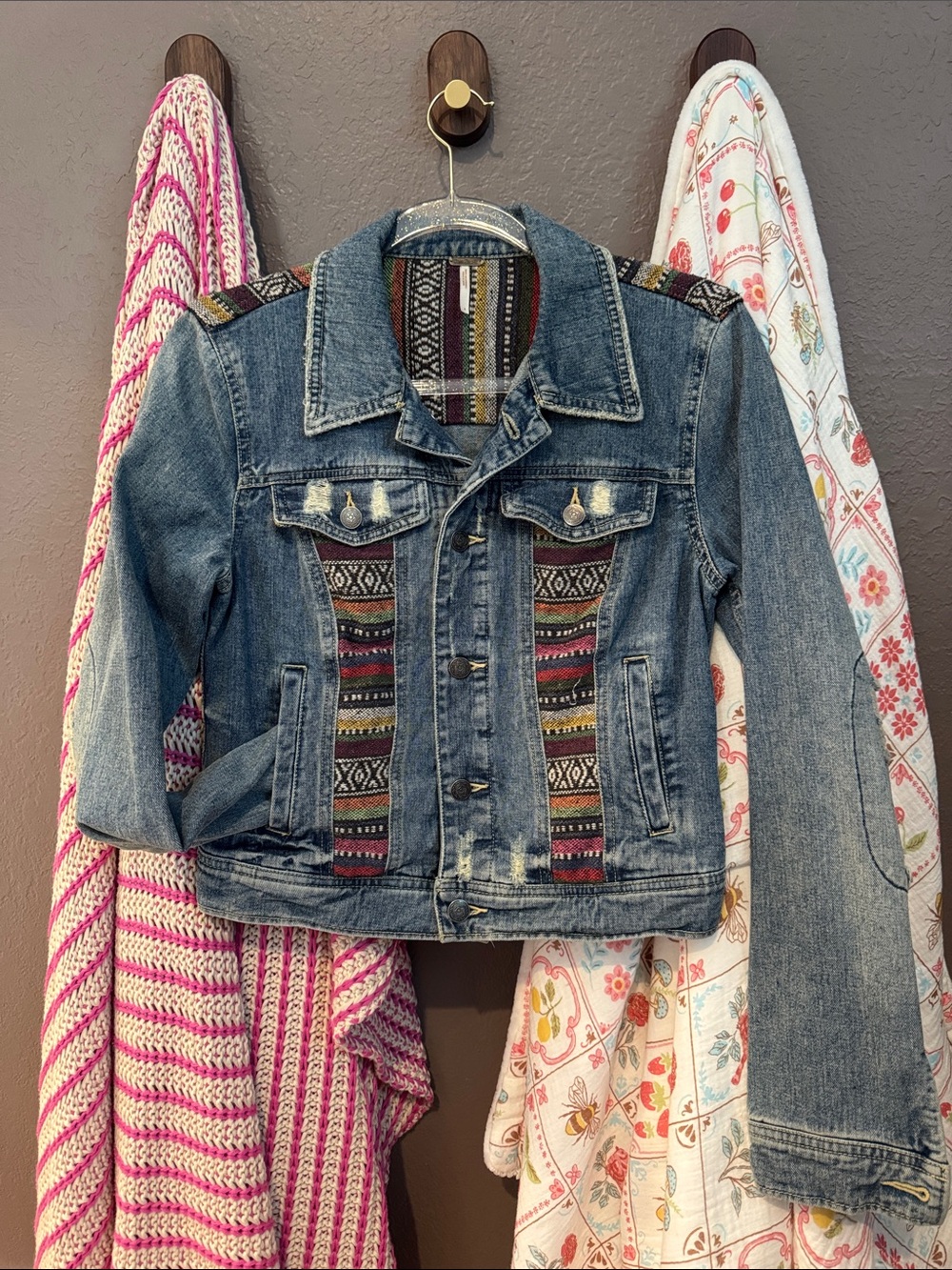 Free People Blue Denim Jacket with Multicolor Aztec Trim